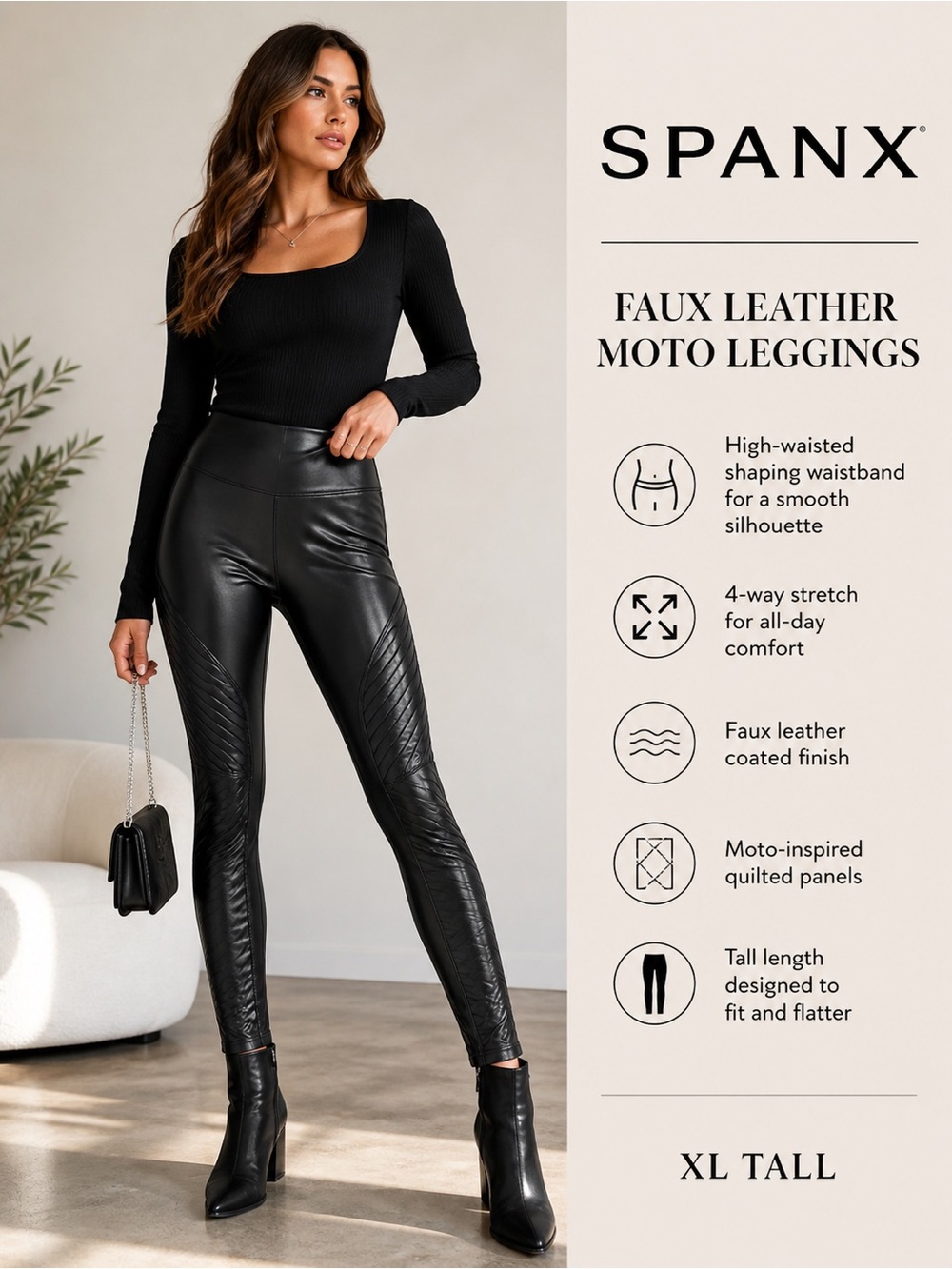 SPANX Faux Leather Moto Leggings High Waist Black XL Tall Sculpting Skinny Pants